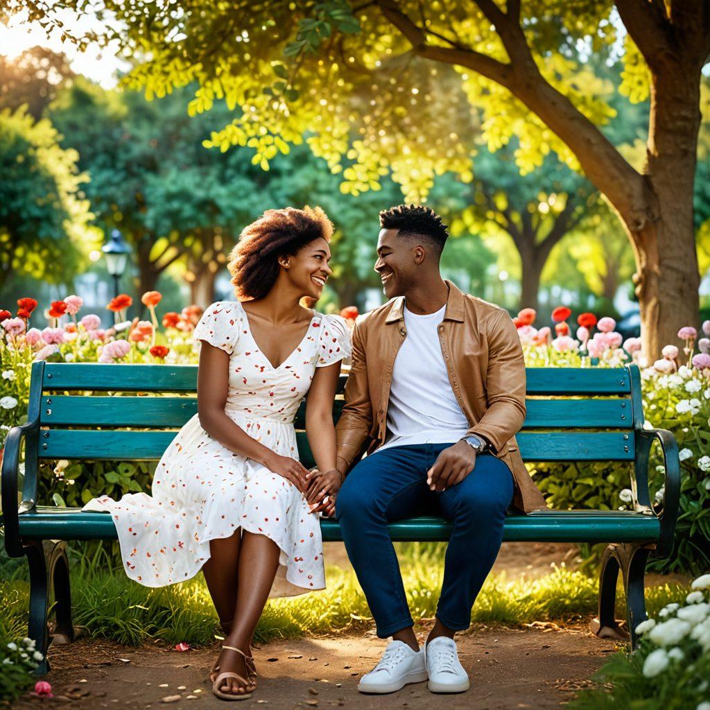 A couple sitting on a park bench, sharing a moment of laughter as they hold hands, surrounded by blooming flowers and soft sunlight filtering through trees. The background features couples of diverse backgrounds, engaged in various romantic activities, symbolizing modern love. Include elements like heart-shaped clouds and a warm glow to evoke feelings of affection and connection. super-realistic. vibrant colors. soft bokeh.