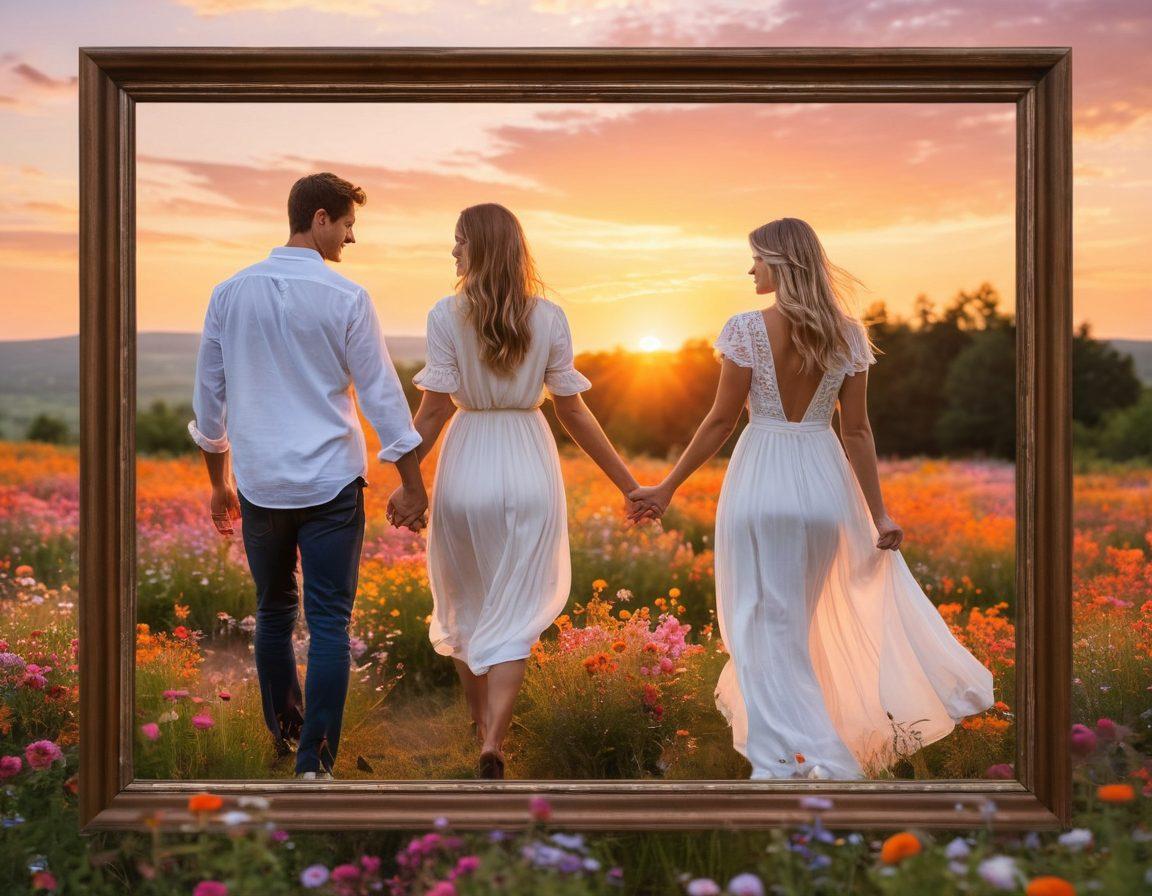 A serene sunset backdrop framing a couple holding hands, surrounded by blooming wildflowers symbolizing devotion. The couple's expressions radiate warmth and fondness, capturing a tender moment. Soft, glowing lights twinkle around them, enhancing the romantic atmosphere. Add handwritten letters floating in the air, representing heartfelt communication. painting. warm colors. dreamy ambiance.