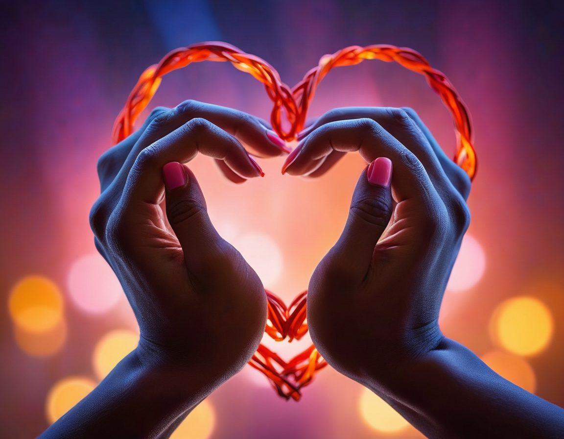 A close-up of intertwined hands conveying tenderness, surrounded by vibrant heart motifs representing passion. In the background, silhouettes of diverse couples engaging in intimate conversations, symbolizing deep connections. Soft, warm lighting casts a romantic glow over the scene, enhancing the emotional depth. super-realistic. vibrant colors. soft focus.